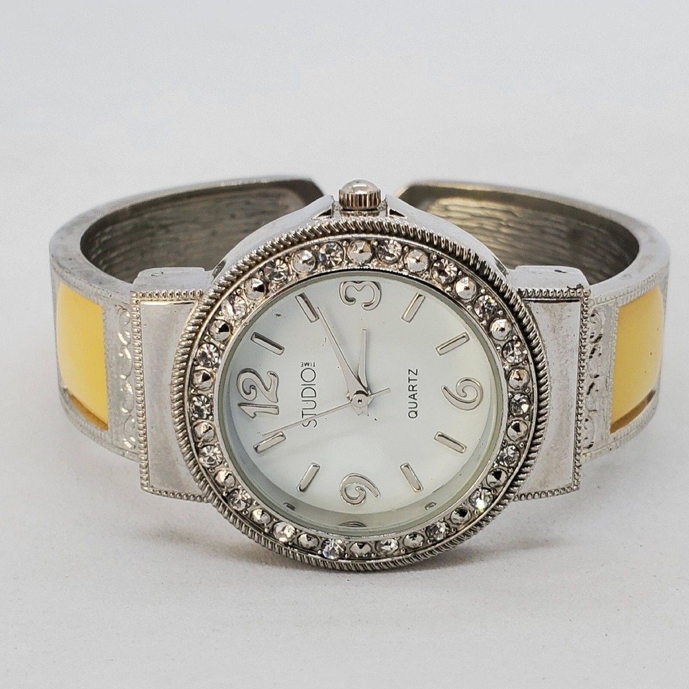 Women's Cuff Bracelet Watch Silver Yellow Tone Bracelet 5.75" Wrist New Battery